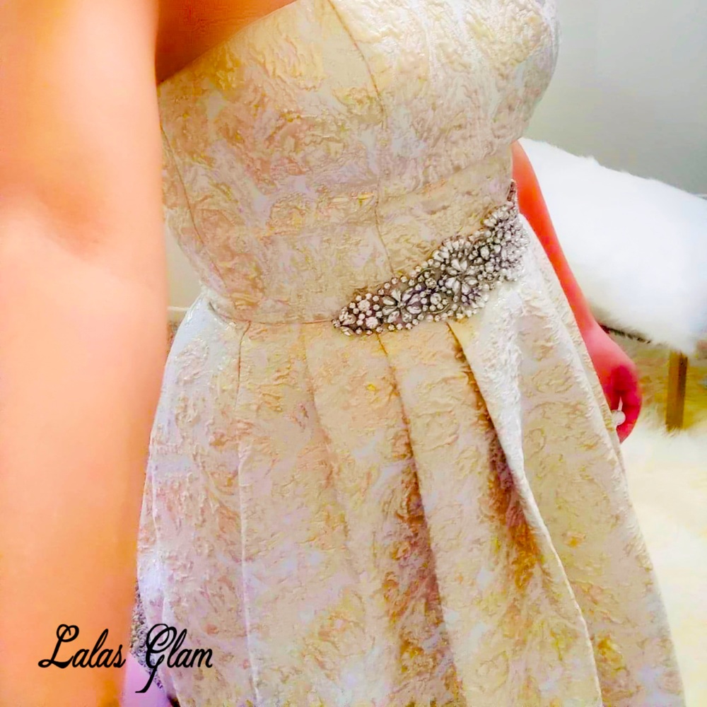 Formal gold silver gown- strapless -high low